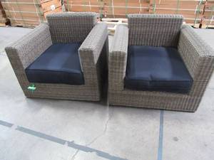 lot 228 image: Home Decorators Collection Naples Light Grey Patio Lounge Chair with Navy Cushions (2-Chairs) - Missing Back Cushions.