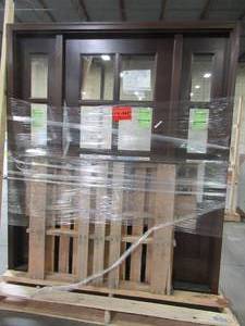 lot 633 image: Steves & Sons 68 12 x 81 12 x 4 916 Savannah Clear (34) 6 Lite RHIS Mahogany Stained Wood Prehung Front Door with Double Sidelites - Door has Slight Scratches and Dings