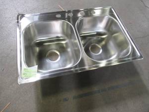 lot 255 image: Elkay 33 x 22 x 8 Satin Double-Basin Stainless Steel Drop-In 4-Hole Residential Kitchen Sink, LWDB332284