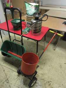 lot 407 image: SCOTTS SEEDFERTILIZERS SPREADERS, CYCLONE SEEDER, CRAFTSMAN STAINLESS STEEL SPRAYER, MORE