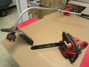 lot 410 image: HOMELITE CHAINSAW, WEED TRIMMER, GAS CAN