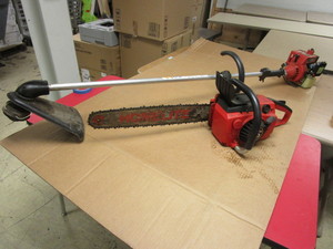 lot 411 image: HOMELITE CHAINSAW, WEED TRIMMER, GAS CAN