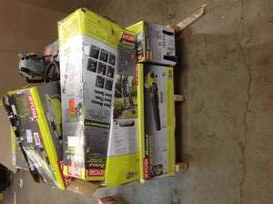 PALLET WITH ASSORTED RYOBI OUTDOOR TOOLS SEE PICS
