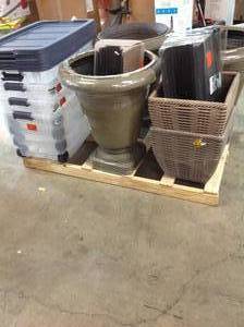 PALLET WITH ASSORTED PLANTER POTS & PLASTIC BINS  COVERS