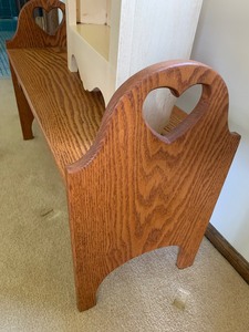 lot 84 image: Bench with heart motif on ends and small shelf display.