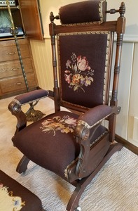 lot 100 image: 1880s Needlepoint Platform Rocker and Stool