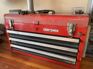 lot 159 image: Craftsman Table Top Tool Box and Storage Holders Full of Nails and Misc Items