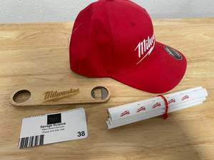 lot 38 image: Milwaukee Flexfit Hat LXL, Bottle Opener, Carpenters Pencils