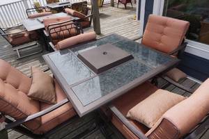 lot 7 image: Glass Top Fire Pit Outdoor Patio Table With 4 Padded Chairs