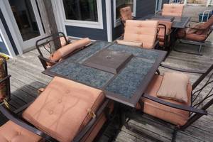 lot 6 image: Glass Top Fire Pit Outdoor Patio Table With 4 Padded Chairs