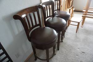 lot 13 image: Lot of - 3 Wood Framed Leather Padded Bar Stools