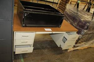 lot 1511 image: Wood Top Metal Office Desk 6-Drawer, Metal Bookshelf 2-shelf