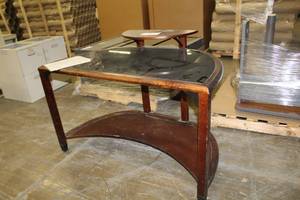 lot 1505 image: Half-Oval Wood Lobby Table with Glass Top and Wood Shelf