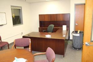 lot 1529 image: Wood U-Shaped Office Desk with Computer Tray, Wood Desk Bookcase with Lateral File Cabinets, Wood Cabinet, Wood Conference Table with Padded Conference Arm Chairs, Rolling Office Arm Chair