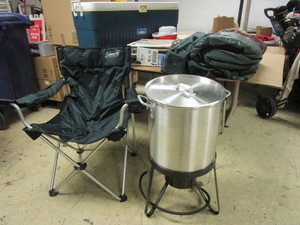 lot 217 image: BRINKMAN GAS COOKER & TURKEY FRYER, COLEMAN PROPANE STOVE, THERMOS 96-QUART COOLER, TENT, MORE