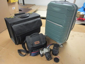 lot 228 image: SAMSONITE LUGGAGE, CANON FILM CAMERA WITH LENS, ROLLING BRIEF CASE