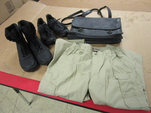 lot 229 image: VIBRAM BOOTS, 5.11 TACTICAL PANTS, HOKA SNEAKERS, LEATHER MESSENGER BAG