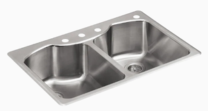 lot 52 image: New KOHLER Octave 33-in x 22-in Stainless Steel Double Equal Bowl Sink