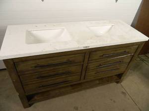 lot 50 image: Allen  Roth Kennilton 60-in Gray Oak Double Sink Bathroom Vanity with Carrera White Engineered Stone Top - Damaged-
