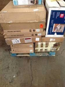 lot 19 image: Lot of TV stand console, cabinet, shelving, chair covers and house appliances Mixed Pallet.