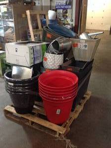 lot 32 image: mixed pallet of buckets and garden appliances. assorted lot of different items