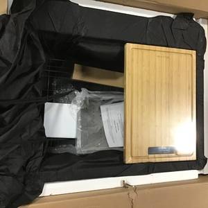 lot 44 image: Glacier Bay All-in-One Drop-In Stainless Steel 27 in. 4-Hole Single Bowl Kitchen Workstation Sink with Accessories Kit not used