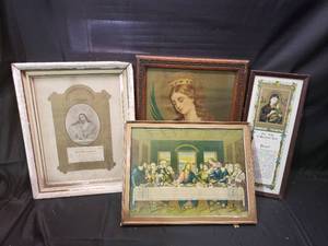 lot 9 image: 4 Vintage Religuous Wall Hangings, 1917 Holy Communion Certificate