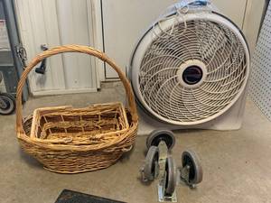 Lot of 4 Casters, 2 Baskets, & Cyclone Fan