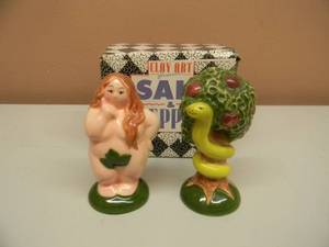lot 8 image: VINTAGE CLAY ART TEMPTATION SALT & PEPPER SHAKERS - IN BOX - AWESOME - SEE PICTURES