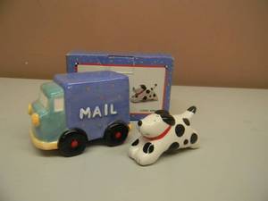 lot 24 image: VINTAGE MAIL TRUCK & CHASING DOG SALT & PEPPER SHAKER - NEW IN BOX - SEE PICTURES