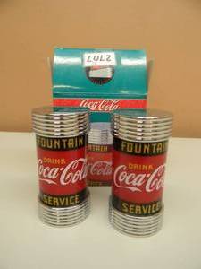 lot 33 image: VINTAGE COCA-COLA DINER FOUNTAIN SERVICE COLLECTION SALT & PEPPER SHAKERS - NEW IN BOX - SEE PICTURES