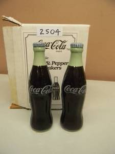 lot 36 image: VINTAGE COCA-COLA CERAMIC BOTTLES SALT & PEPPER SHAKERS - NEW IN BOX - APPROX 6 TALL - SEE PICTURES