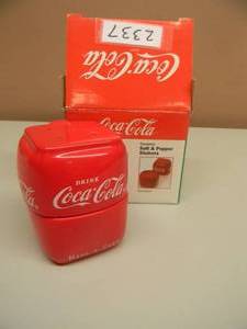 lot 38 image: VINTAGE COCA-COLA CERAMIC STACKABLE  SALT & PEPPER SHAKERS - FRIDGECOOLER - IN BOX - SEE PICTURES