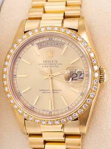 Mens Rolex President Diamond Bezel Day Date 18238 18k Solid Gold Timepiece with Triple Box