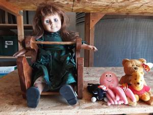 lot 50 image: Doll, Chair, Beanies
