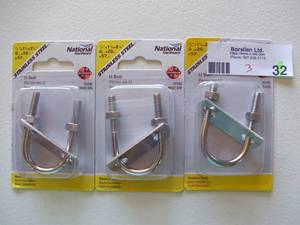 lot 32 image: National Hardware 1 Count 1.12-in W x 2.16-in L x 14-in Dia Stainless Steel U-Bolt N422578 (Qty 3)-Not used