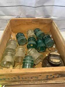 lot 40 image: Lot of 12 Glass Hemingray Insulators & Vintage Crate
