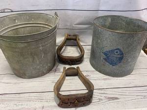 lot 54 image: Two Vintage Cans & Stirrups
