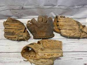 lot 83 image: Lot of 3 Baseball Gloves & Antique Catchers Mitt