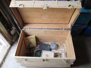 lot 79 image: Wood Trunk 30 X 18 X 23 Includes...