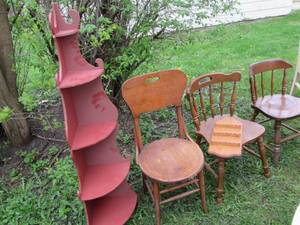 lot 108 image: 3 Wood Chairs, Wood Stand, & Wall D...