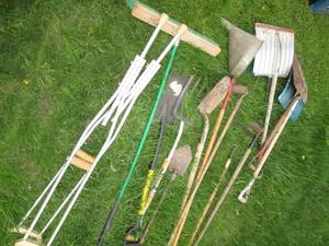 lot 150 image: Shovels, Vintage Funnel, And Crutch...