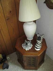 lot 27 image: End Table , Lamp, & Wall Hangings...