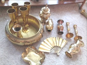 lot 84 image: Brass Pcs In Brass Container, Glass...