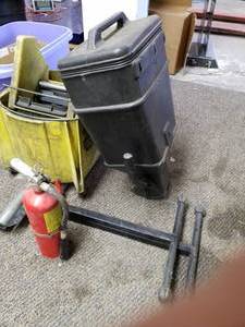 lot 295 image: Lot of (4) Roller Stand, Plastic Bin with Lid, Mop Bucket, Fire Extinguisher