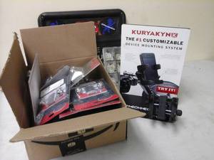 lot 156 image: Kuryakyn Device Mounting System, Rear Seat Cap & Thumb Screw, Brake Pedal Pad Extension, Mach 2 Black Co-Ax Update Kit, Dyno Guys OpenClose Sign Assorted Letters