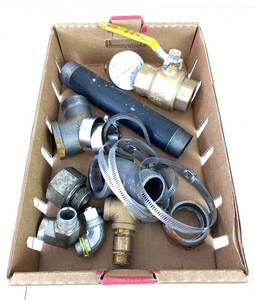 lot 113 image: Box of Misc. Plumbing & Hydraulic Fittings, High Pressure Guage