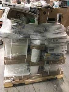 lot 14 image: Pallet of assorted bathroom toilets and tanks  ( different brands that include American standard  ) ( all customer returns )