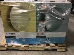 lot 15 image: Pallet of assorted bathroom wall mirrors  ( brand includes Moen ) ( all customer returns )