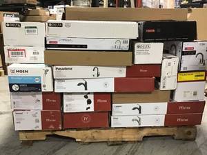 lot 26 image: Pallet of assorted bathroom and kitchen  Faucets include Moen, Delta Pfister and and more for parts o repairs